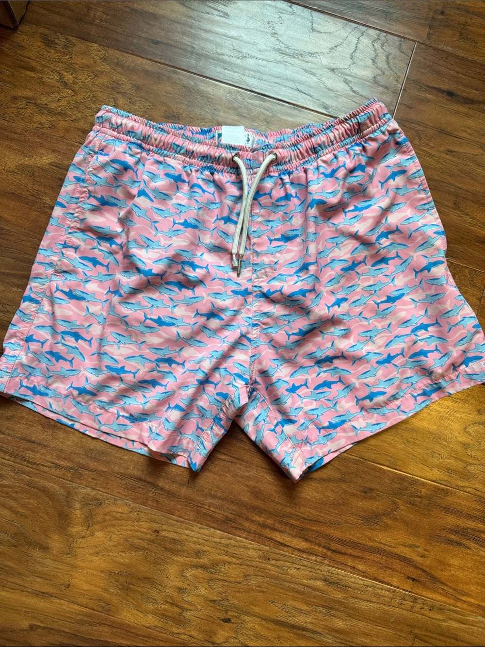 Bermie’s Men's Pink Shark-Print Swim Trunks with Blue Accent